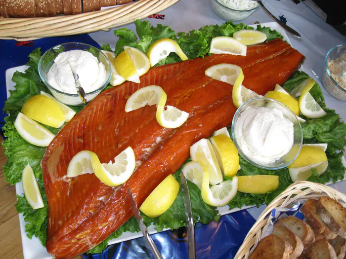 Northwest smoked salmon platter with cream cheeses and cocktail breads